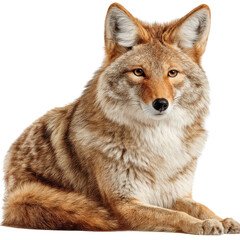 Fototapeta premium Close-up of a light brown Coyote with pointy ears sitting upright and looking directly at the viewer on a transparent background