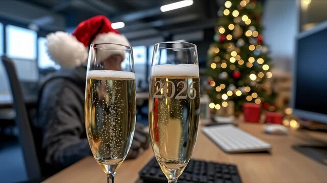 Two sparkling wine glasses sit on a desk in a corporate office, set for a new year celebration. Festive atmosphere includes a Christmas tree, Santa hat, and the excitement of 2026 turning into 2027