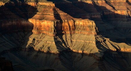 The textured surface of a cliff face with clinging shadows.