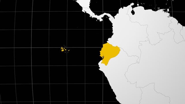 Ecuador map. Animated zoom into the country on the Globe in Black White color palette. Country logo animation. Map with meridians, parallels. Appealing video.