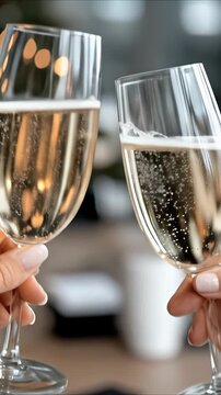 People toast glasses of sparkling wine, celebrating the New Year at a corporate event. Creating a festive atmosphere in either 2026 or 2027