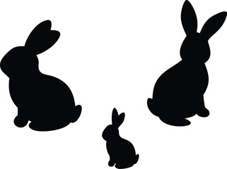 Three black rabbit silhouettes of varying sizes positioned against a white background in a simple artistic representation silhouette