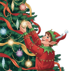A cheerful elf hangs shining ornaments and ribbons on a grand Christmas tree, beaming with holiday joy.