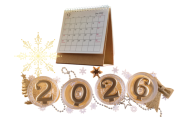 2026 calendar and golden ornaments for New Year celebration
