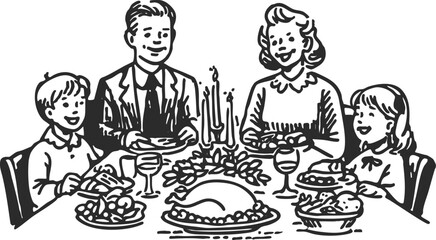 Retro black ink illustration of smiling family at festive dinner table. Vintage holiday meal artwork.