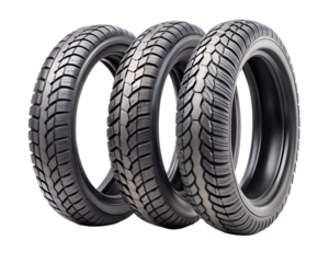 Three motorcycle tires arranged in a row isolated on transparent background