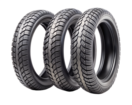 Three motorcycle tires arranged in a row isolated on transparent background