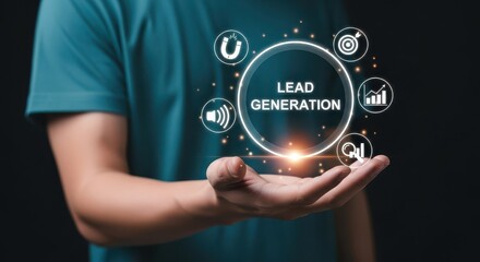 Lead generation concept with icons and graphs in hand
