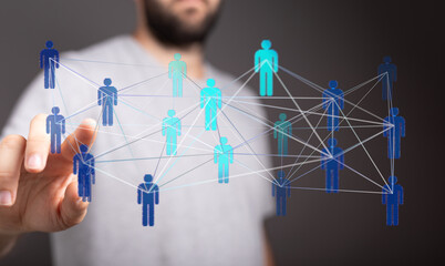 Digital network of people connected by lines symbolizing communication, global networking and teamwork, on a blurred background, representing co