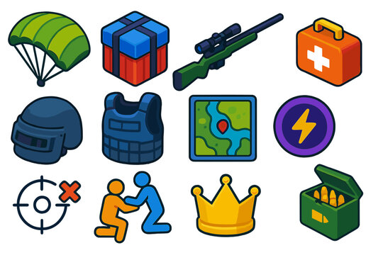Battle Royale Icons. Isometric vector illustration set Gaming: battle royale parachute, supply crate, sniper rifle, medkit,