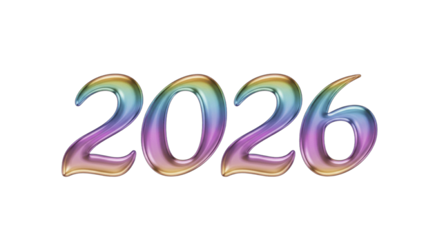 2026 year number with iridescent metallic sheen on black background