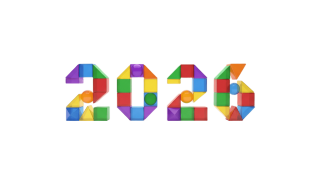 Colorful Geometric Blocks Forming 2026 Year Numbers, Playful Modern New Year Typography Design on Clean Background, Creative Celebration Concept