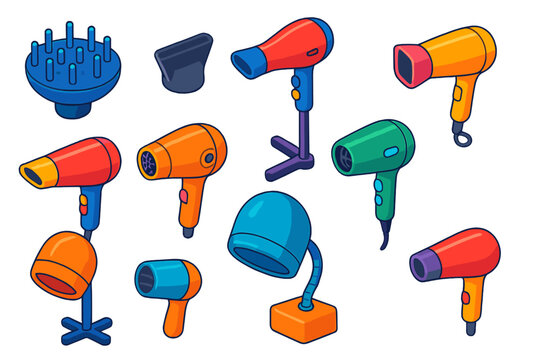 Vibrant Hair Dryer Icons. Isometric vector illustration set Hairdressing and Grooming Tools: hair dryer diffuser, concentrator