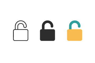 Minimalist Padlock Trio. Minimalist unlock icon: three identical open padlocks in a row, first in line style with thin outline,