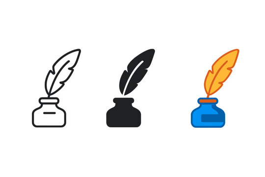 Quills and Inkpots Evolution. Minimalist publishing logo icon: three identical quill and inkpot icons in a row, first in line