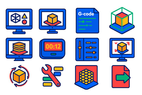 3D Printing Software Icons. Isometric vector illustration set 3D Printing Software: CAD software icon, slicing software screen,