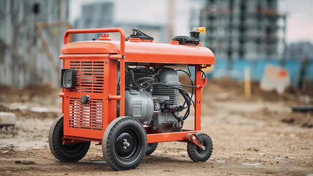 A red and black portable generator sits on a dirt field. The generator is on wheels and is ready to be used