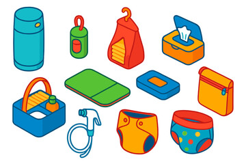 Bright Baby Essentials Icons. Isometric vector illustration set Baby Essentials: diaper pail, diaper bag dispenser, diaper stacker