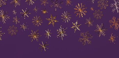 Abstract background featuring gold snowflakes on a purple backdrop. Perfect for Christmas, winter holidays, and festive season designs. Ideal fo
