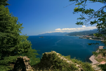 Panoramic View of the Black Sea Coastline from a Lush Hilltop