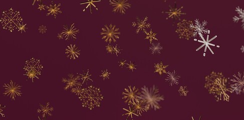 Festive abstract background of golden and white snowflakes against a burgundy backdrop, perfect for holiday greetings and winter themes.
