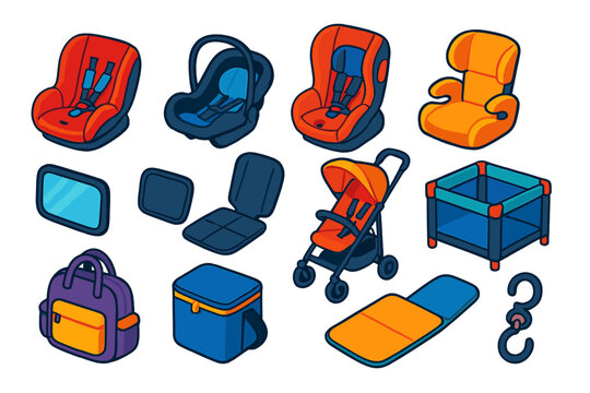 Colorful Baby Essentials Illustrations. Isometric vector illustration set Baby Essentials: car seat, infant carrier, convertible