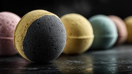 A row of colorful, spherical bath bombs with a close-up on a black and yellow one, arranged on a reflective surface.