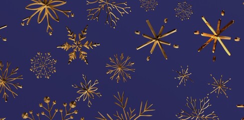 Elegant gold snowflakes floating against a deep blue backdrop, perfect for winter and holiday designs. Ideal for seasonal greetings and festive