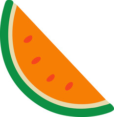    Flat vector illustration of an orange watermelon slice with green rind and red seeds, symbolizing tropical freshness and summer fruit in a clean modern minimal style.