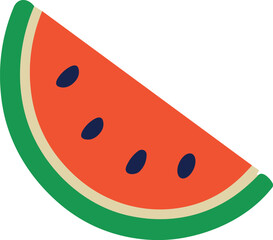 Fototapeta premium Flat vector illustration of a red watermelon slice with green rind and dark seeds, symbolizing freshness, summer joy, and healthy eating in a clean minimal style.