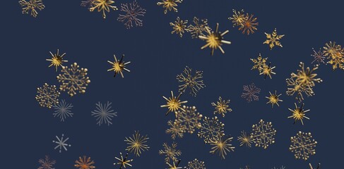 Elegant gold snowflakes floating on a dark blue backdrop perfect for winter, Christmas, or holiday designs. Ideal for backgrounds, greeting card