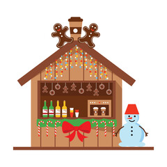 Charming wooden christmas market stall decorated with gingerbread men lights and festive treats with a friendly snowman nearby