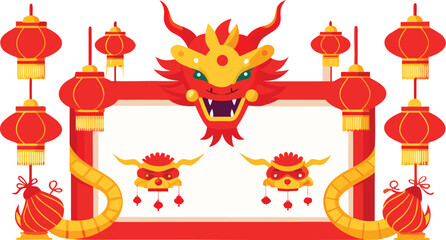 Lunar New Year dragon parade border with red envelopes and lanterns, glowing style.