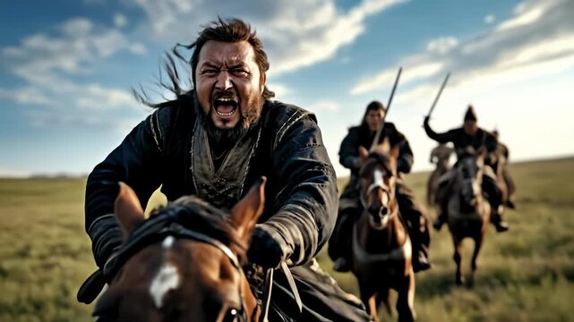 This powerful video captures a scene of intense action as a warrior shouts from horseback with fellow riders during what seems like a Tatar-Mongol Empire campaign on a grassy field