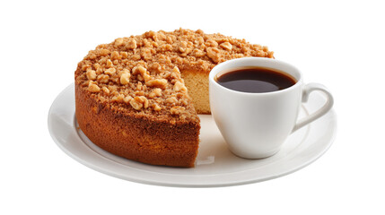 Coffee cup and crumb cake slice isolated on a transparent background