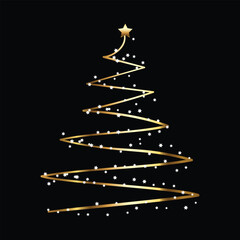 Abstract spiral christmas tree shape formed by twinkling golden lights and a star on black background