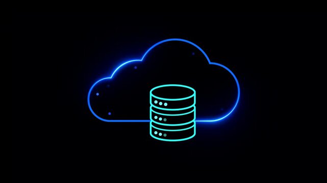Neon symbol cloud database. Cloud system for organizing and storing data, illustrated as a neon icon. Data storage services. Symbol cloud computing and digital storage. Animated. Alpha channel.