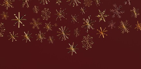 Elegant gold snowflakes on a deep red background creating a festive Christmas design perfect for holiday greetings and seasonal projects. Ideal