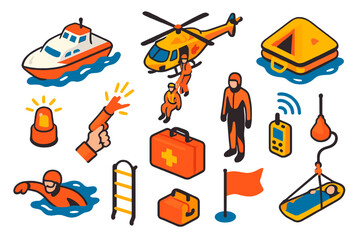 Emergency Sea Rescue Icons. Isometric vector illustration set Emergency Sea Rescue: rescue boat, helicopter rescue, life raft,