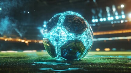 Futuristic soccer ball on field at night stadium digital sports concept for game design and backgrounds