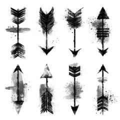 Naklejka premium Arrows in flight with watercolor effect, monochrome sketch design element, black and white abstract pattern