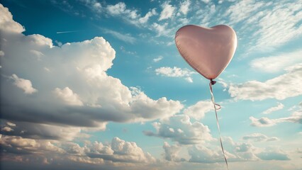 A single heart shaped balloon floats serenely against a vibrant blue sky filled with fluffy white clouds