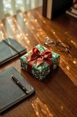 A neatly wrapped present sits among a pen, notebook, and glasses on a work desk, illuminated by soft window light. A cozy scene blending productivity and festive cheer.
