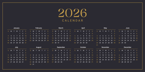 Vector illustration of a stylish 2026 yearly calendar template