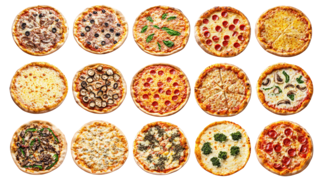 Fifteen assorted pizzas displayed in grid isolated on a transparent background