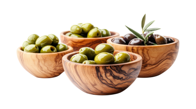 Four wooden bowls of olives isolated on a transparent background - Powered by Adobe