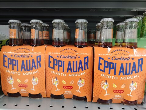 Gualdo Tadino, Italy - October 27, 2025: Eppi Auar cocktail beverage packaging displayed on a supermarket shelf, showcasing vibrant orange design and refreshing drink appeal for consumers