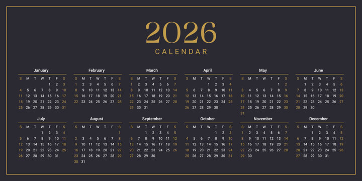 Vector illustration of a stylish 2026 yearly calendar template