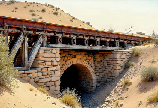 A single track railroad bridge crosses over a small stone culvert in a dry desert landscape with sparse bushes and grass against a sandy hill under bright sunlight