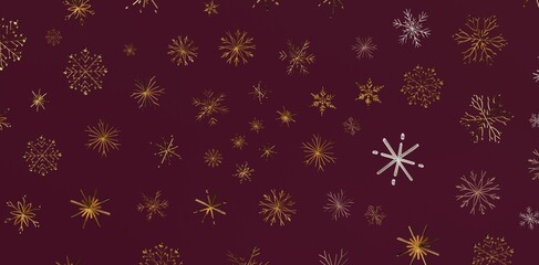 Elegant winter snowflake pattern in gold and silver on a rich burgundy background, perfect for holiday-themed designs, Christmas cards, and fest